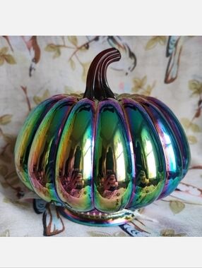 Iridescent Pumpkin Oil Slick Glass Desk Decoration Holiday Fall Halloween NWT